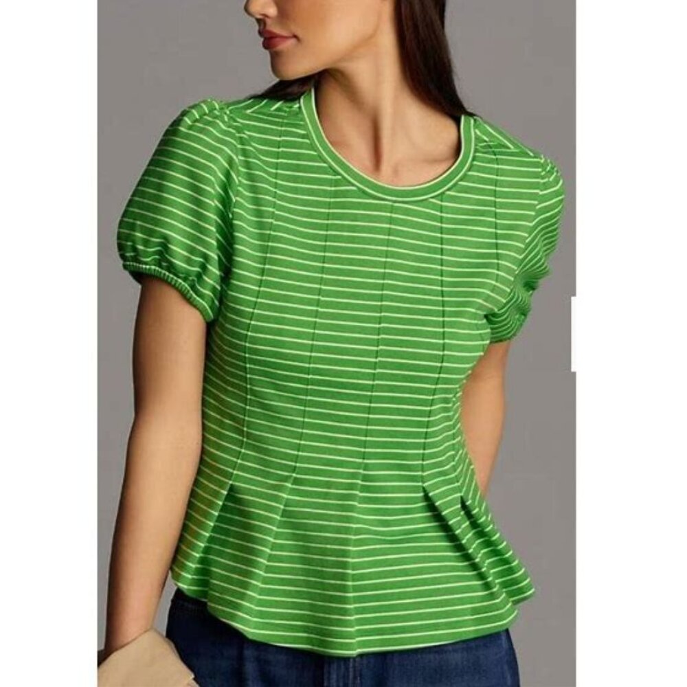 Maeve by Anthropologie Green and White Peplum Top X-Small